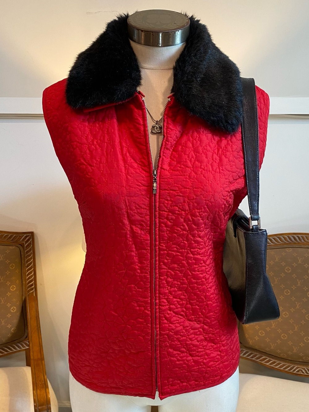 Vintage 90s Silk Red Floral Quilted Sleeveless Jacket Vest with Black Fur Collar